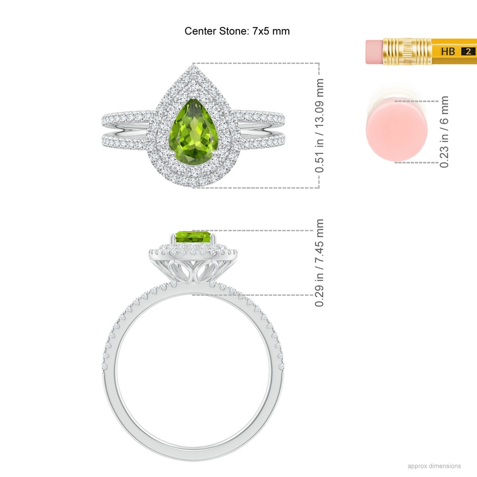 7x5mm AAAA Split Shank Pear Peridot and Diamond Double Halo Ring in White Gold Ruler