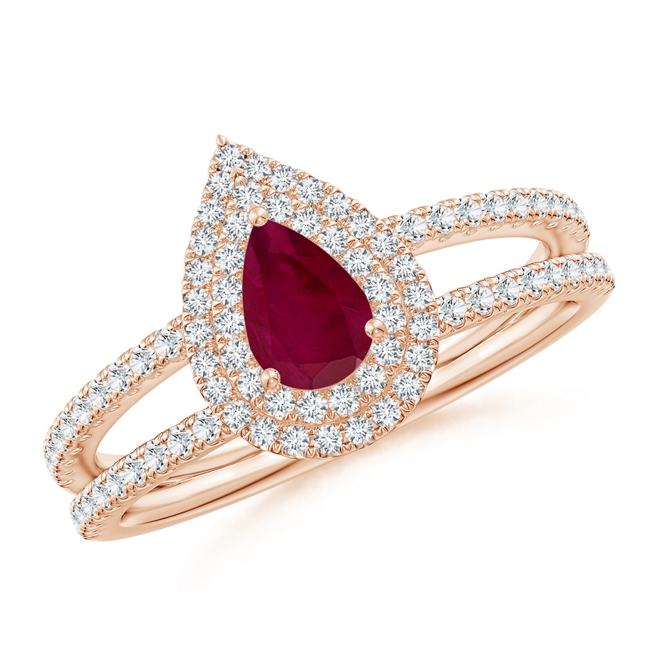 6x4mm A Split Shank Pear Ruby and Diamond Double Halo Ring in Rose Gold 