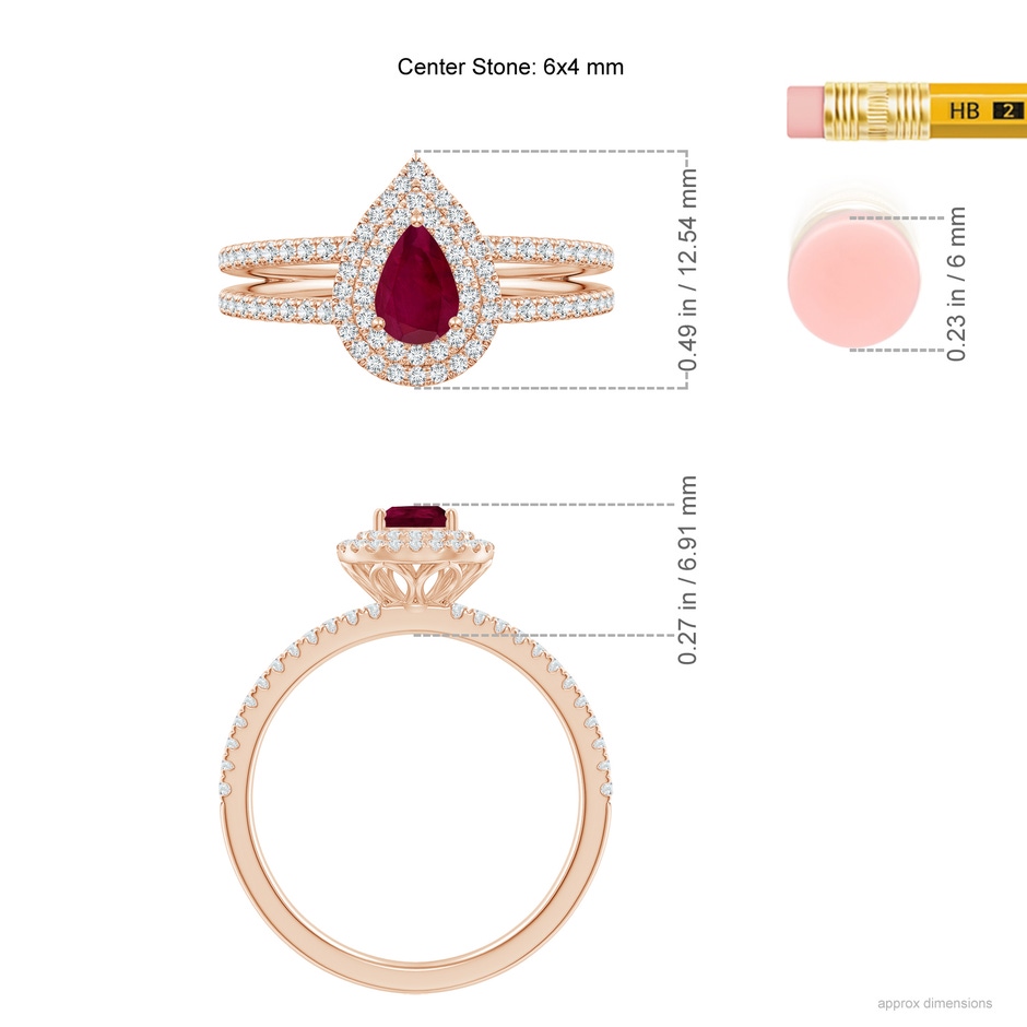 6x4mm A Split Shank Pear Ruby and Diamond Double Halo Ring in Rose Gold ruler