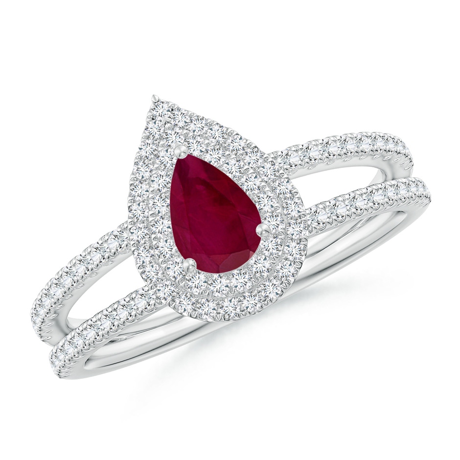 6x4mm A Split Shank Pear Ruby and Diamond Double Halo Ring in White Gold 