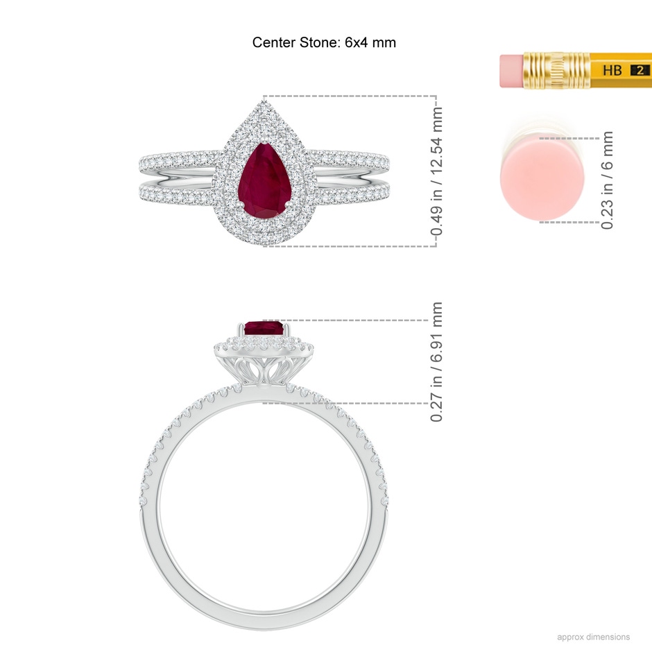 6x4mm A Split Shank Pear Ruby and Diamond Double Halo Ring in White Gold ruler