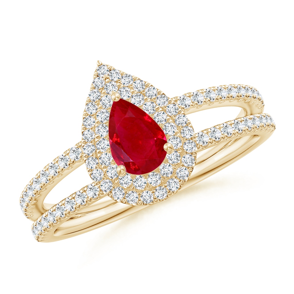 6x4mm AAA Split Shank Pear Ruby and Diamond Double Halo Ring in Yellow Gold
