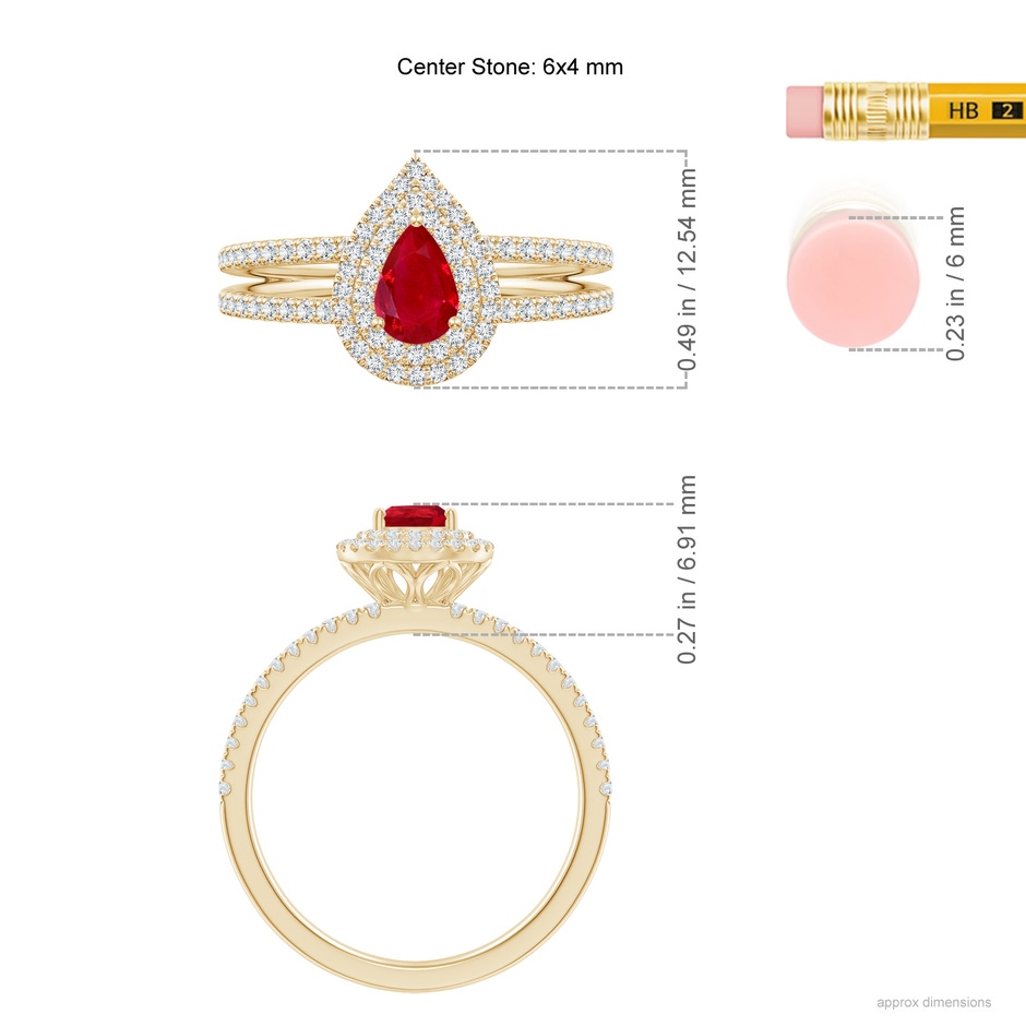 6x4mm AAA Split Shank Pear Ruby and Diamond Double Halo Ring in Yellow Gold ruler