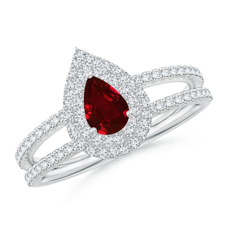6x4mm AAAA Split Shank Pear Ruby and Diamond Double Halo Ring in P950 Platinum 