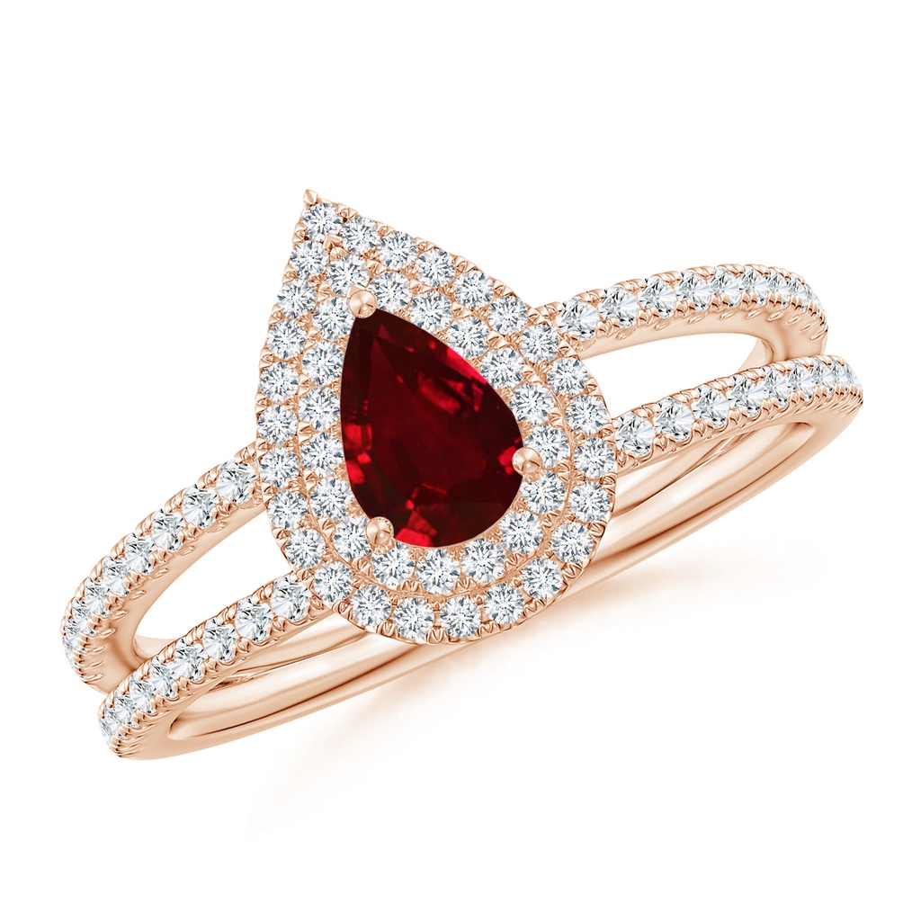 6x4mm AAAA Split Shank Pear Ruby and Diamond Double Halo Ring in Rose Gold