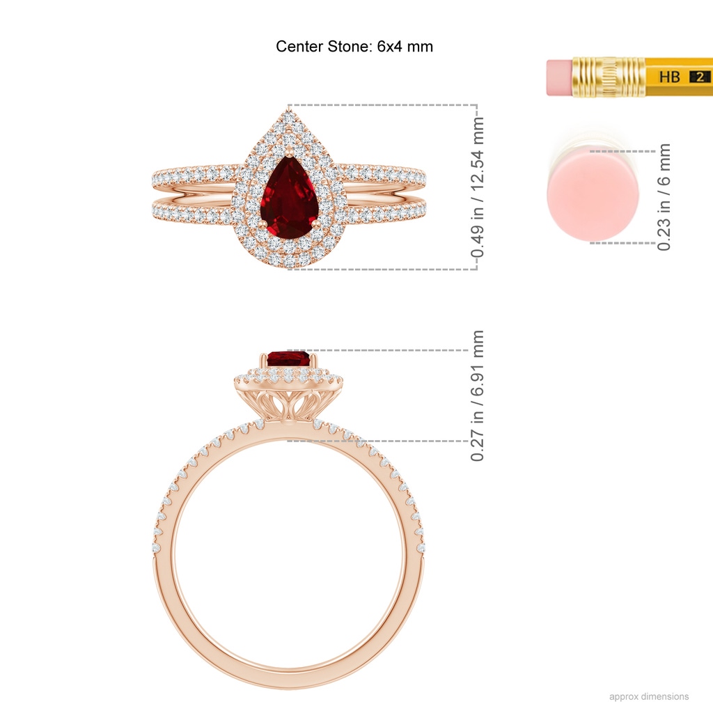 6x4mm AAAA Split Shank Pear Ruby and Diamond Double Halo Ring in Rose Gold Ruler