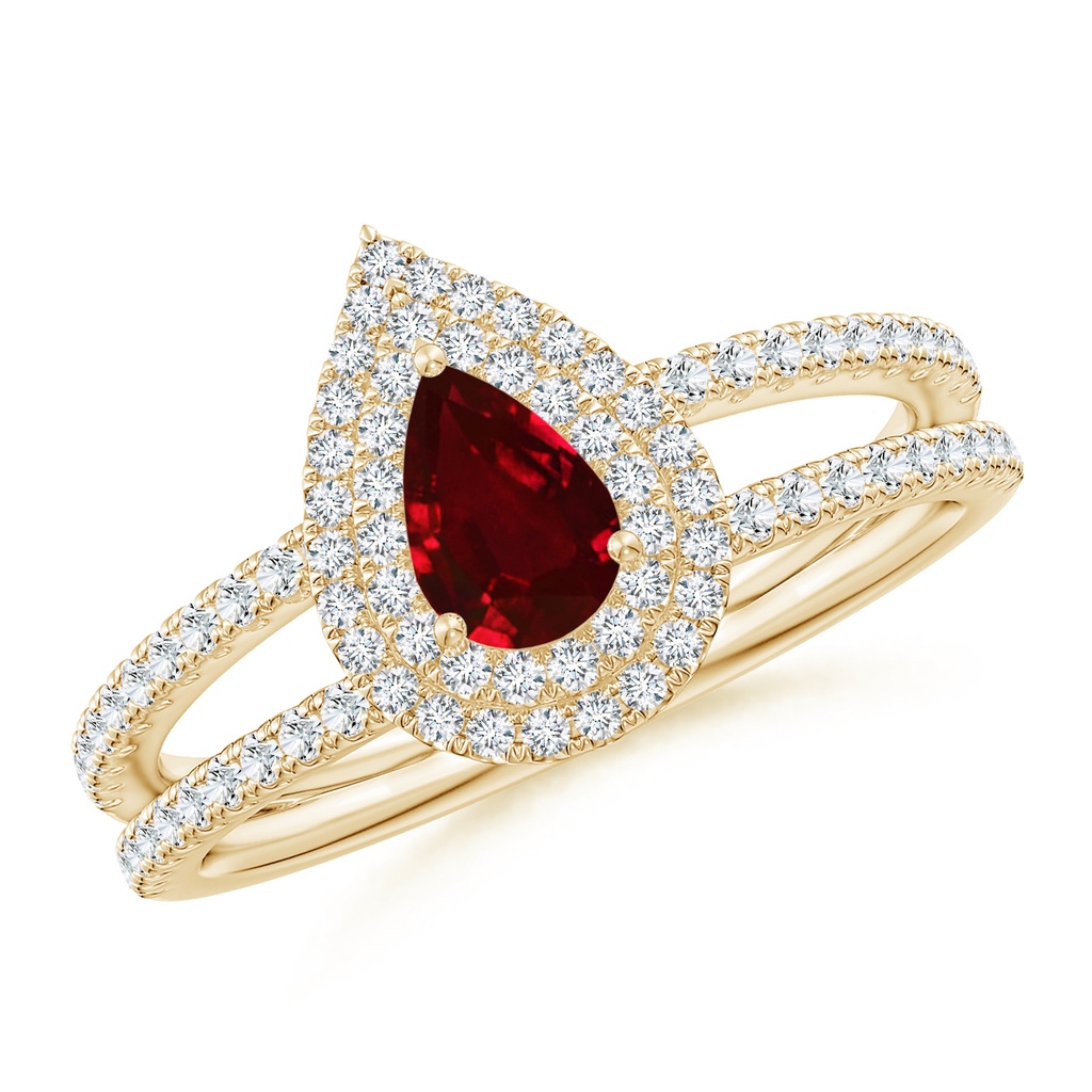 6x4mm AAAA Split Shank Pear Ruby and Diamond Double Halo Ring in Yellow Gold