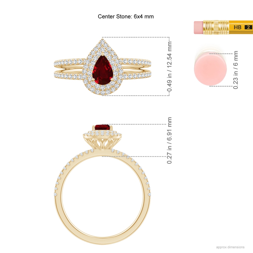 6x4mm AAAA Split Shank Pear Ruby and Diamond Double Halo Ring in Yellow Gold Ruler