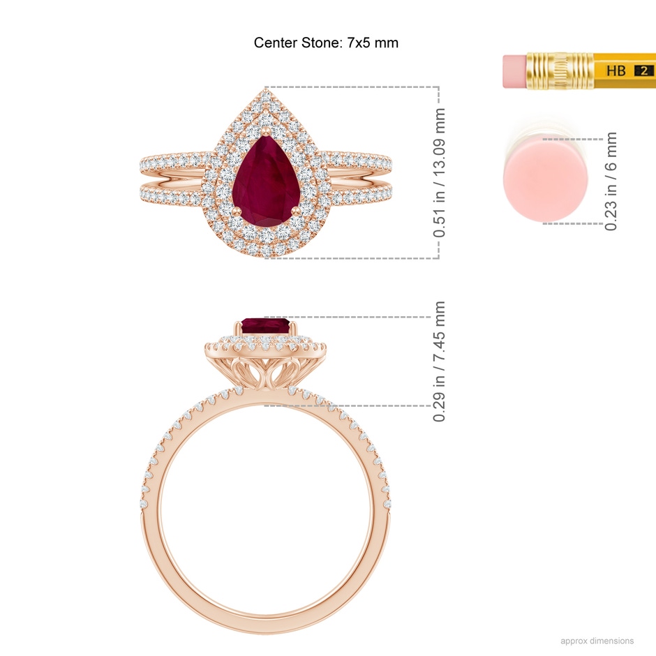7x5mm A Split Shank Pear Ruby and Diamond Double Halo Ring in Rose Gold ruler
