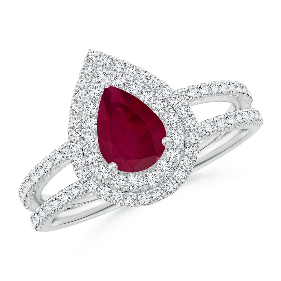 7x5mm A Split Shank Pear Ruby and Diamond Double Halo Ring in White Gold 