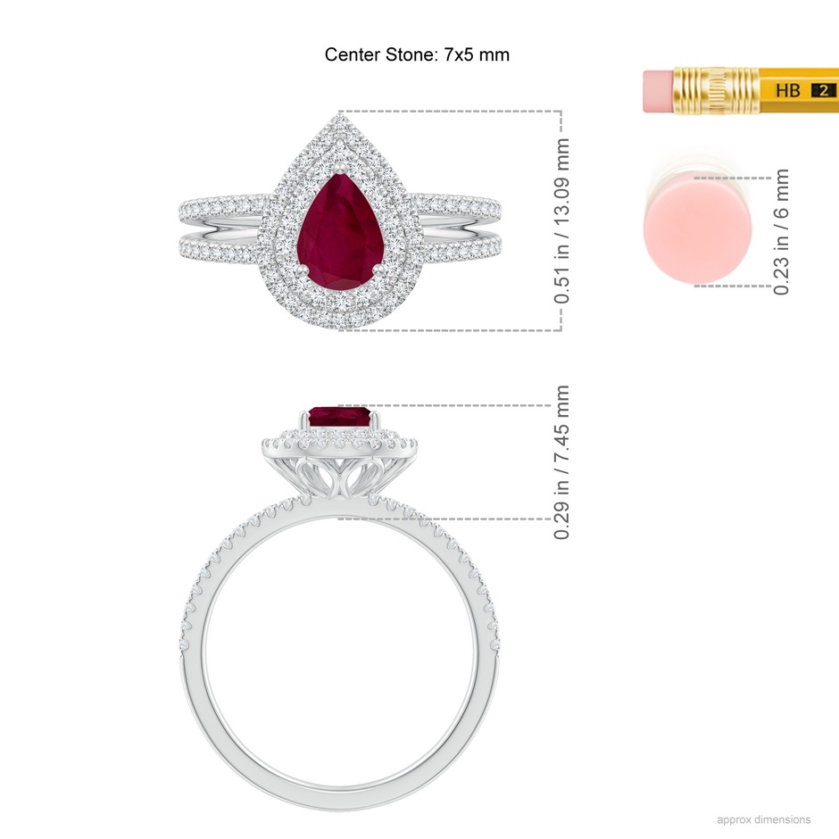 7x5mm A Split Shank Pear Ruby and Diamond Double Halo Ring in White Gold ruler