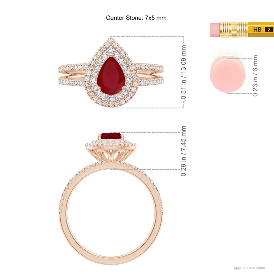 7x5mm AA Split Shank Pear Ruby and Diamond Double Halo Ring in Rose Gold ruler