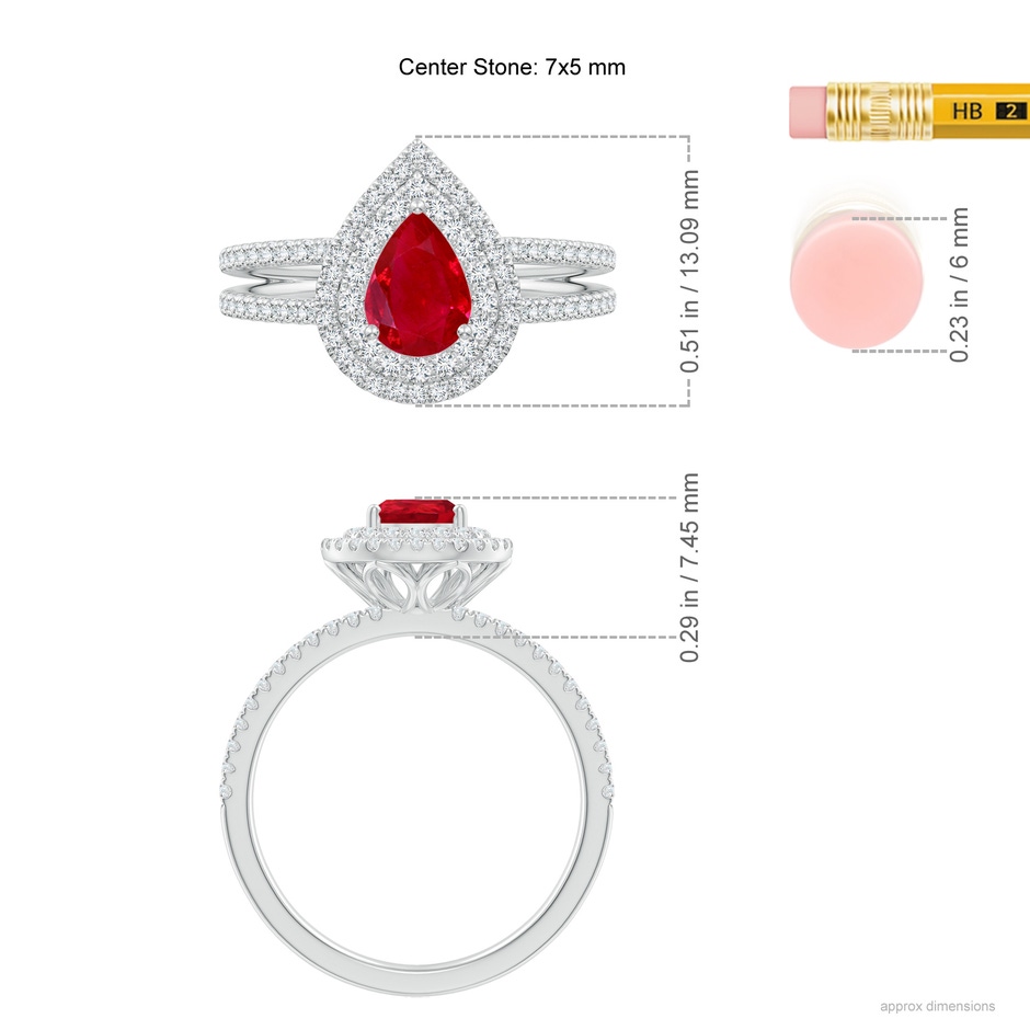 7x5mm AAA Split Shank Pear Ruby and Diamond Double Halo Ring in P950 Platinum ruler