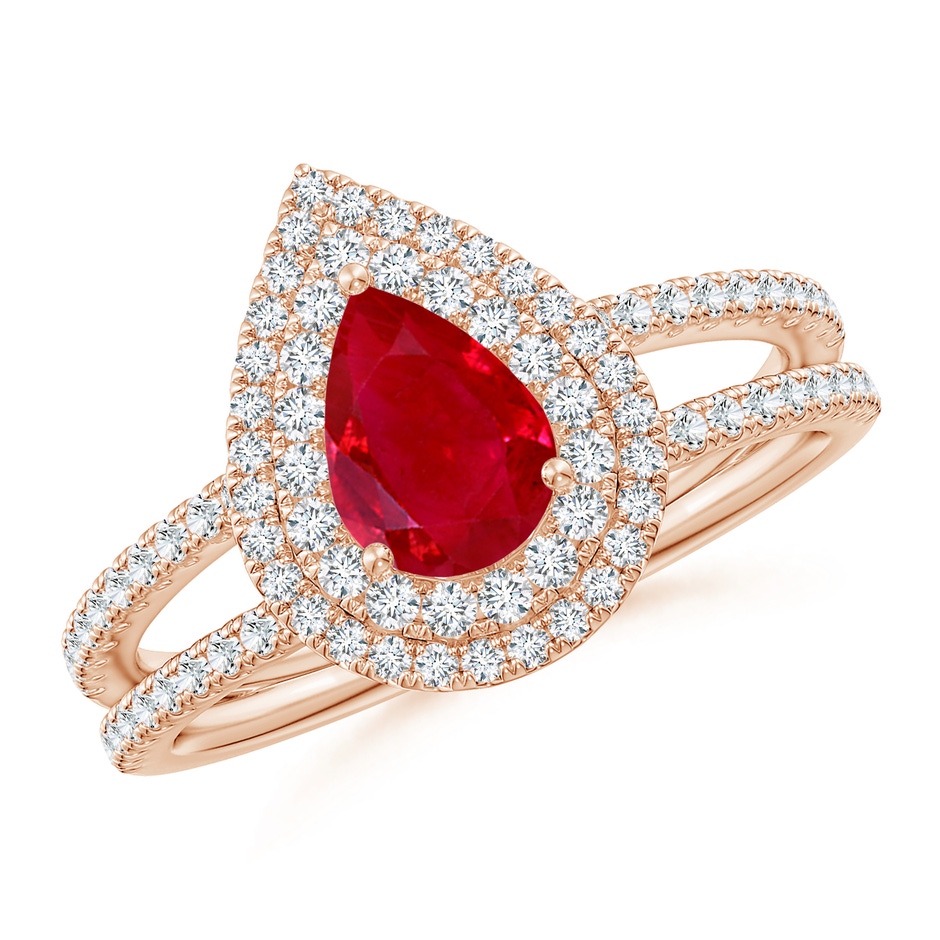 7x5mm AAA Split Shank Pear Ruby and Diamond Double Halo Ring in Rose Gold 