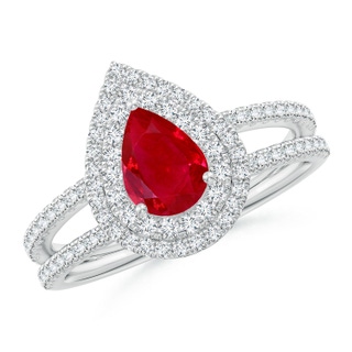 7x5mm AAA Split Shank Pear Ruby and Diamond Double Halo Ring in White Gold