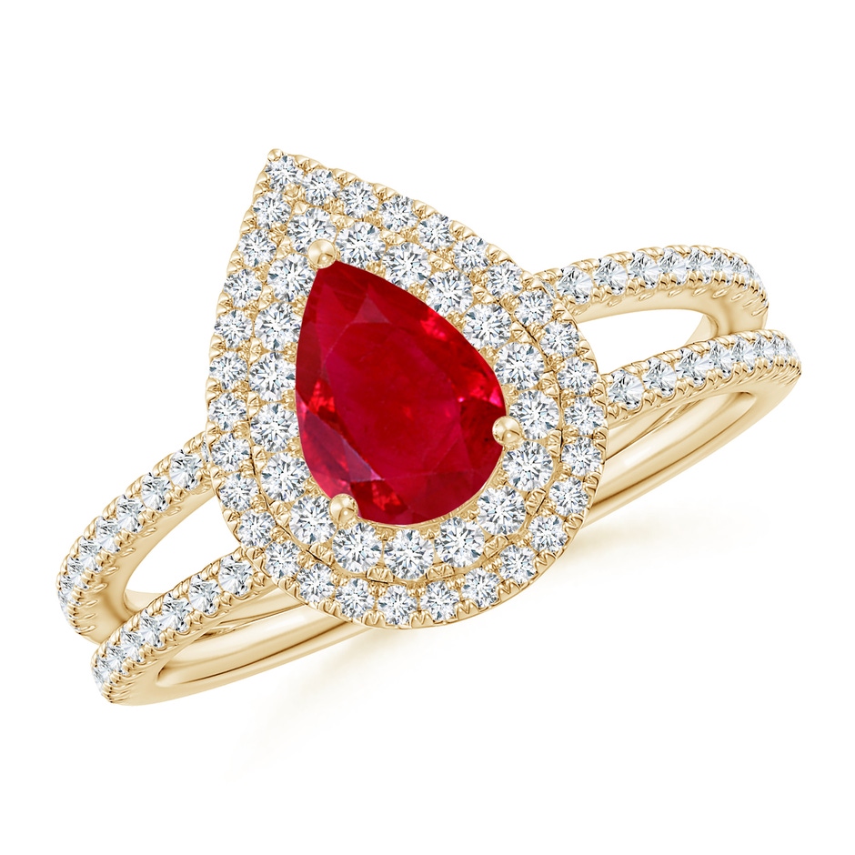7x5mm AAA Split Shank Pear Ruby and Diamond Double Halo Ring in Yellow Gold 