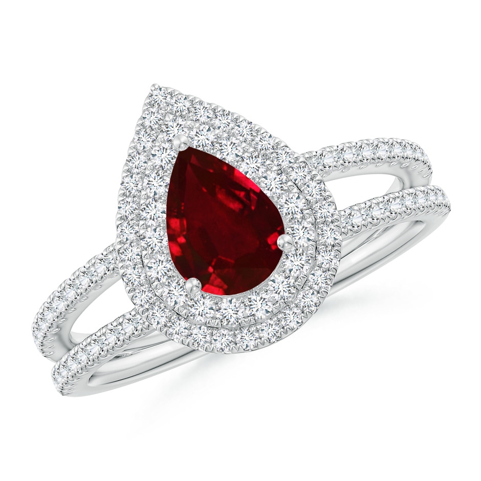 7x5mm AAAA Split Shank Pear Ruby and Diamond Double Halo Ring in White Gold 