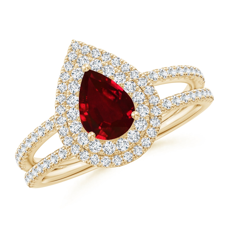 7x5mm AAAA Split Shank Pear Ruby and Diamond Double Halo Ring in Yellow Gold 