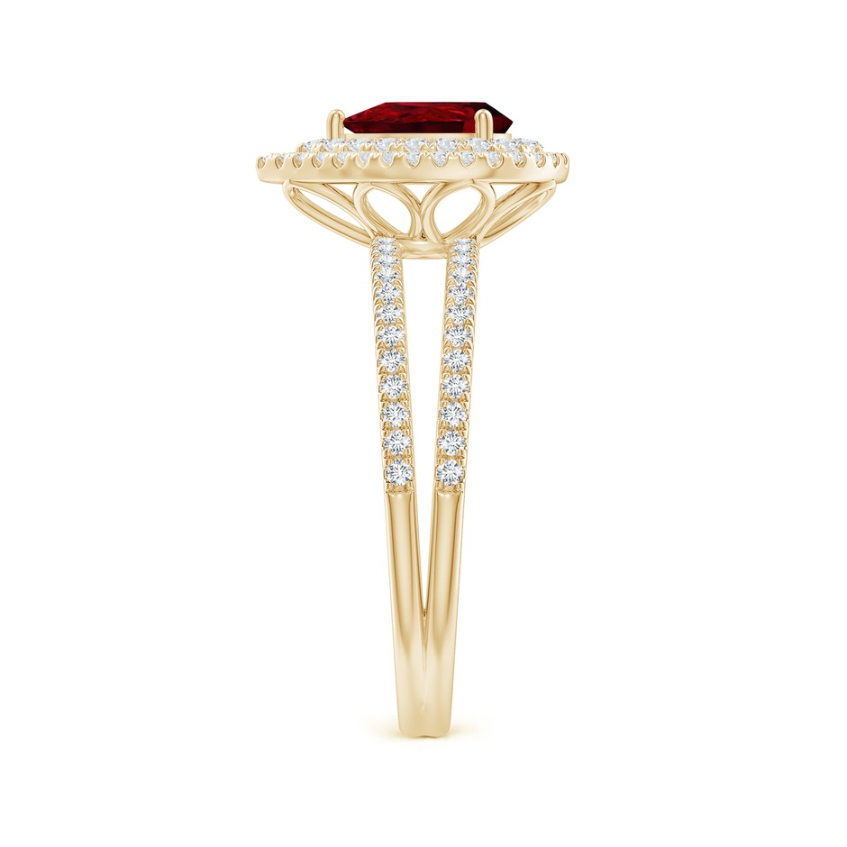 7x5mm AAAA Split Shank Pear Ruby and Diamond Double Halo Ring in Yellow Gold side-2