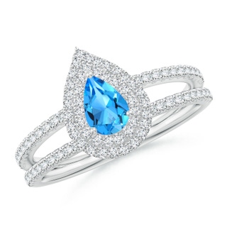 6x4mm AAAA Split Shank Pear Swiss Blue Topaz and Diamond Double Halo Ring in White Gold