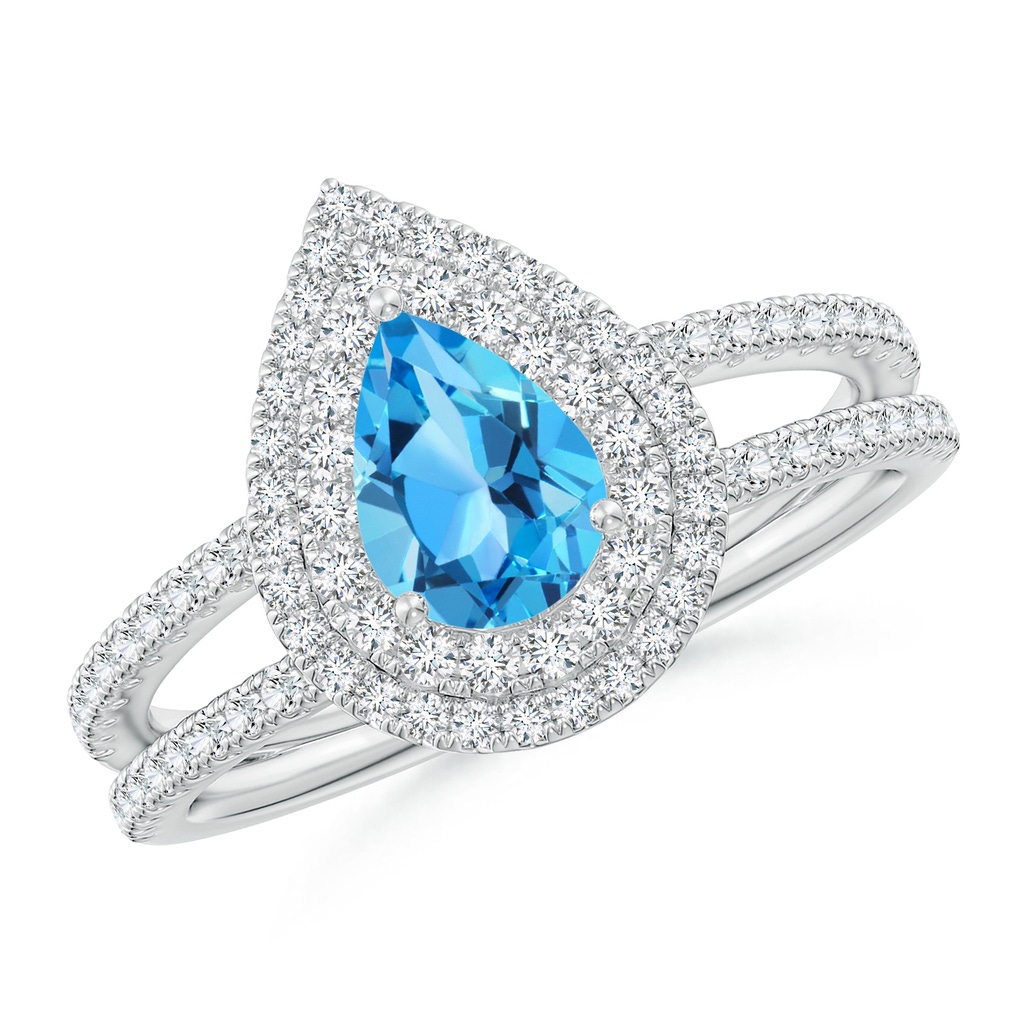7x5mm AAA Split Shank Pear Swiss Blue Topaz and Diamond Double Halo Ring in White Gold