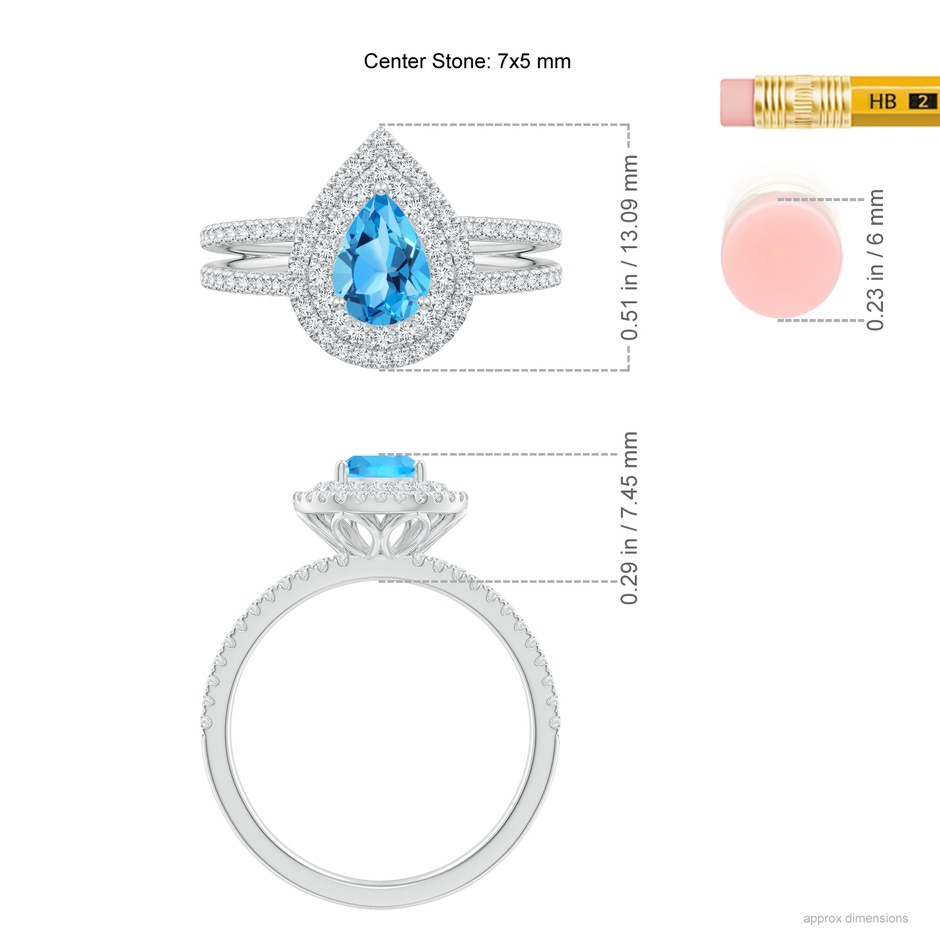 7x5mm AAA Split Shank Pear Swiss Blue Topaz and Diamond Double Halo Ring in White Gold ruler