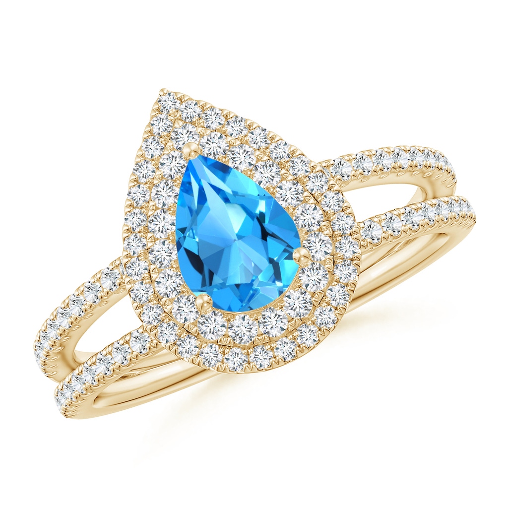 7x5mm AAAA Split Shank Pear Swiss Blue Topaz and Diamond Double Halo Ring in Yellow Gold