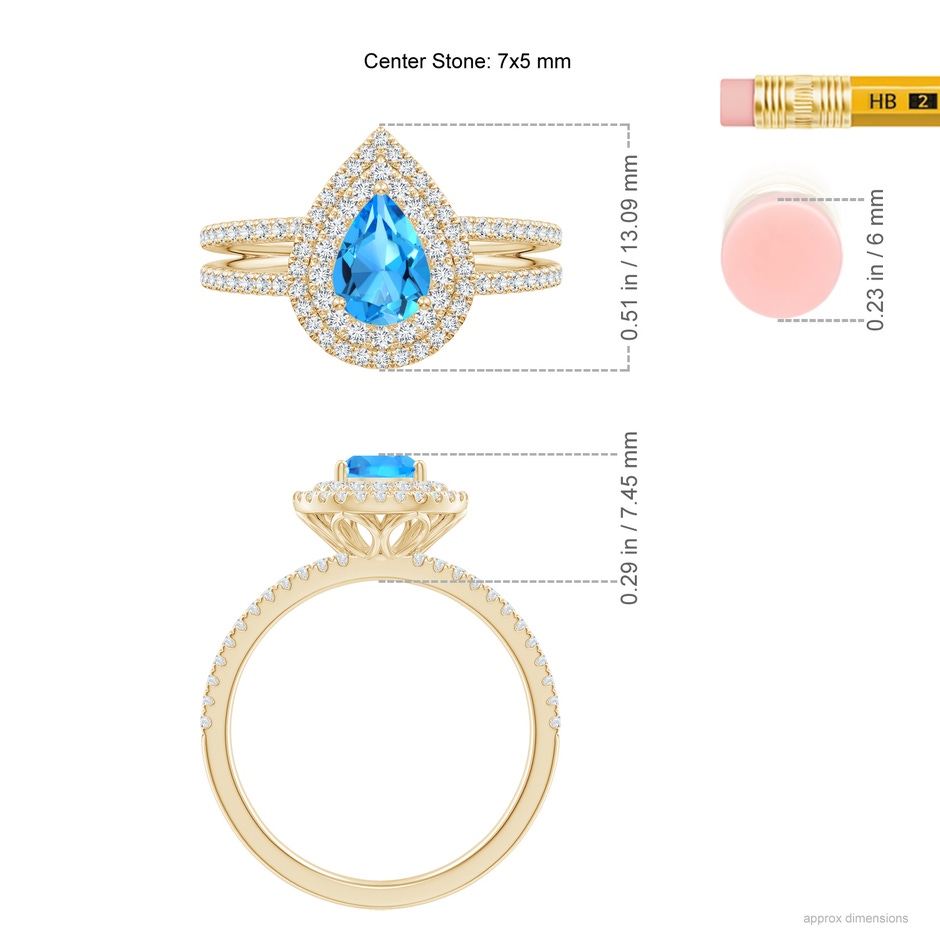 7x5mm AAAA Split Shank Pear Swiss Blue Topaz and Diamond Double Halo Ring in Yellow Gold ruler