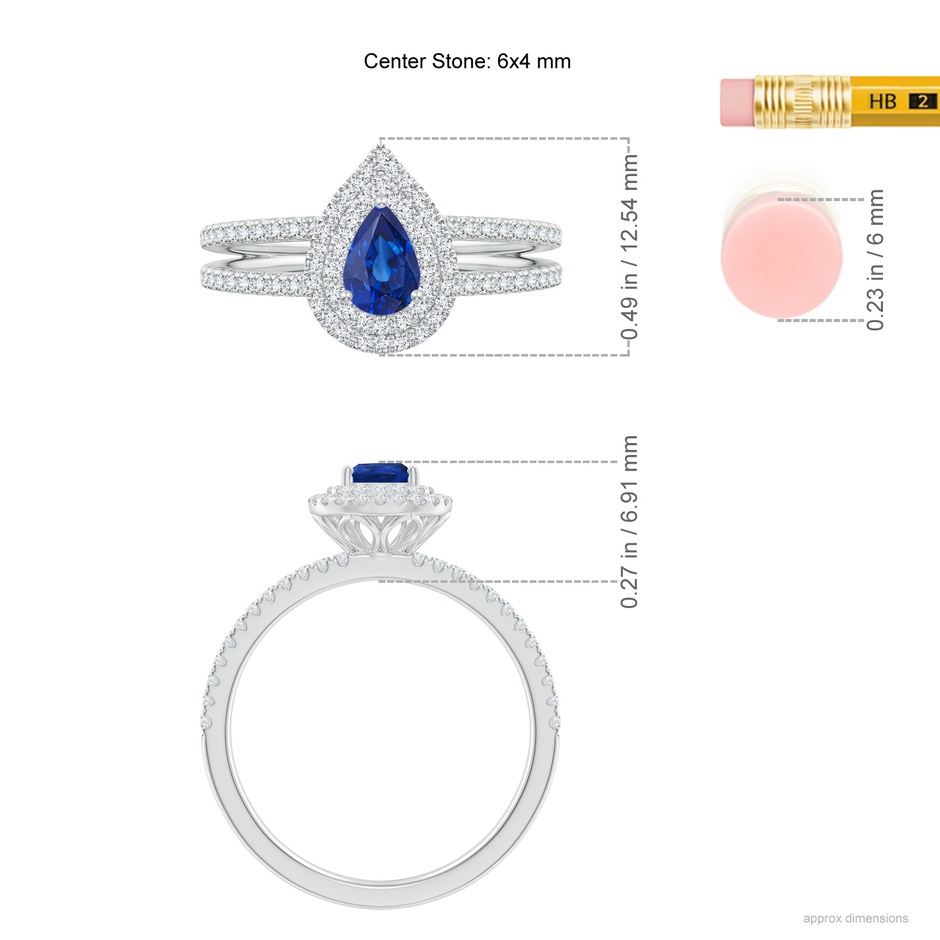 6x4mm AAA Split Shank Pear Sapphire and Diamond Double Halo Ring in White Gold ruler