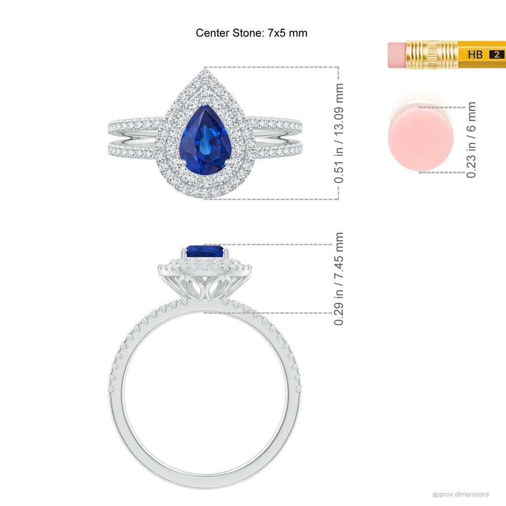 7x5mm AAA Split Shank Pear Sapphire and Diamond Double Halo Ring in White Gold Ruler