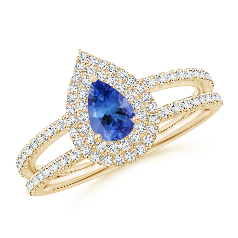 6x4mm AA Split Shank Pear Tanzanite and Diamond Double Halo Ring in Yellow Gold 