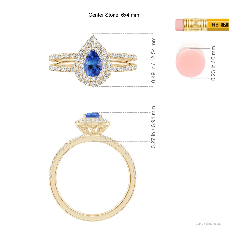 6x4mm AA Split Shank Pear Tanzanite and Diamond Double Halo Ring in Yellow Gold ruler