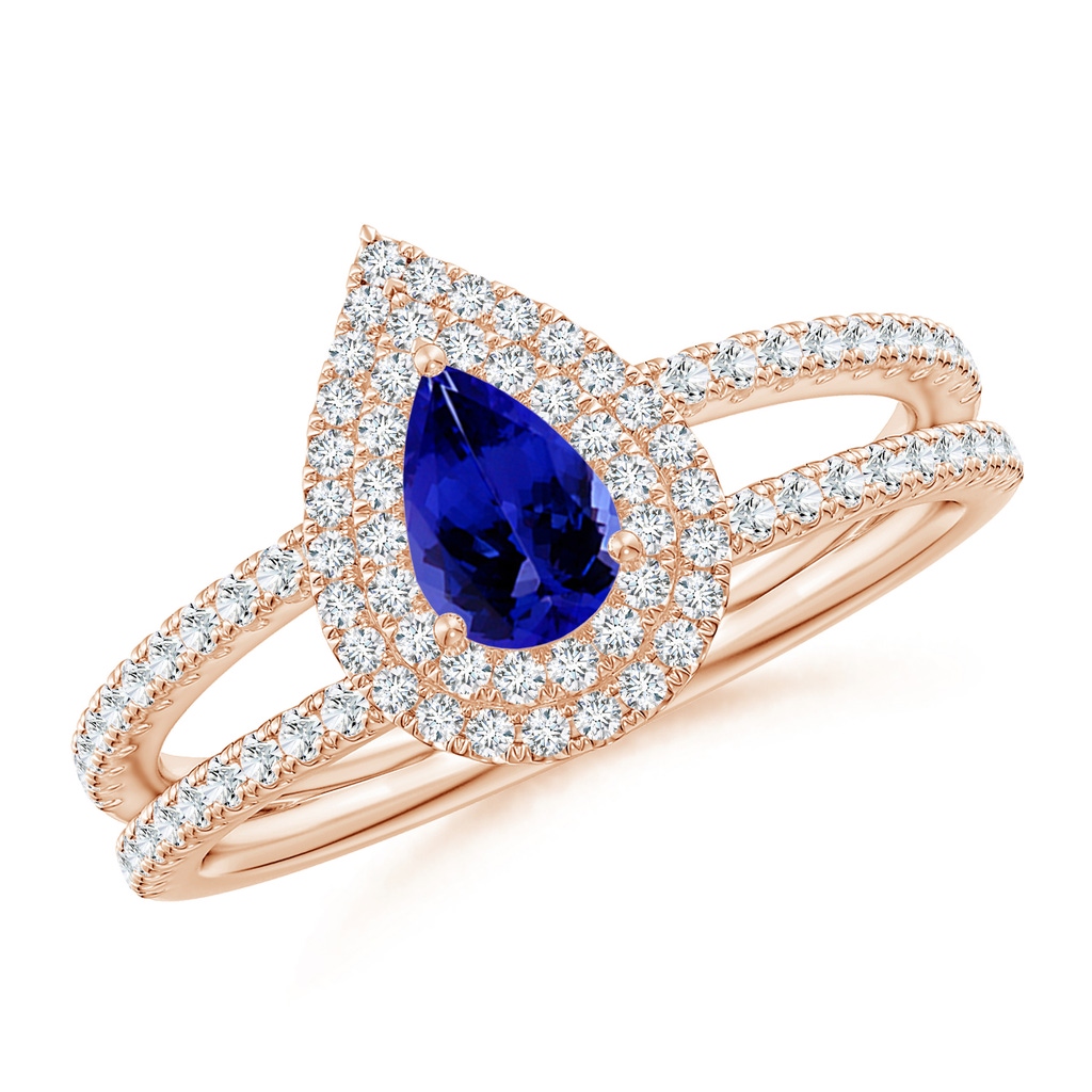 6x4mm AAAA Split Shank Pear Tanzanite and Diamond Double Halo Ring in Rose Gold