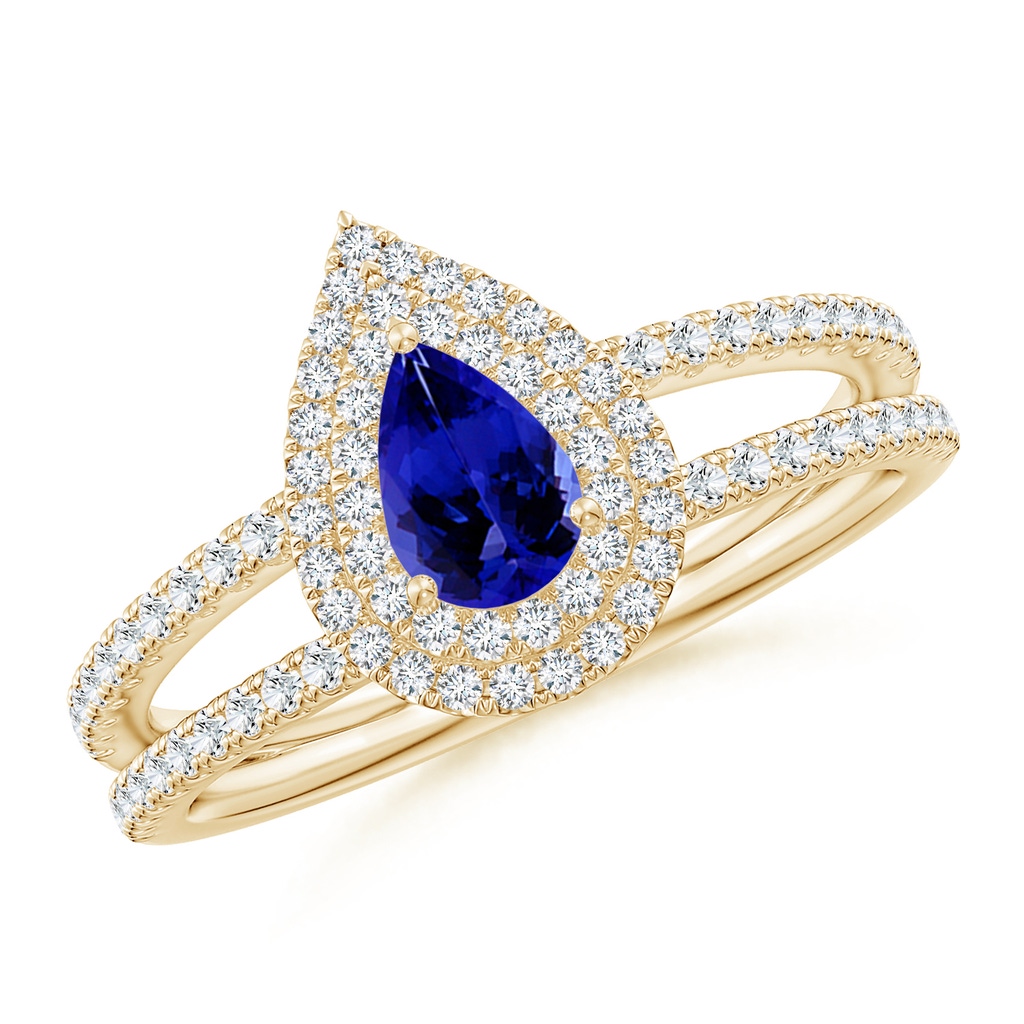 6x4mm AAAA Split Shank Pear Tanzanite and Diamond Double Halo Ring in Yellow Gold