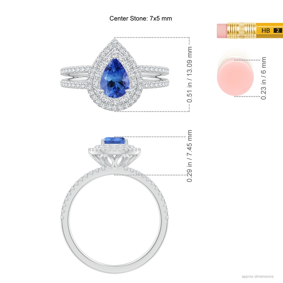 7x5mm AA Split Shank Pear Tanzanite and Diamond Double Halo Ring in White Gold ruler