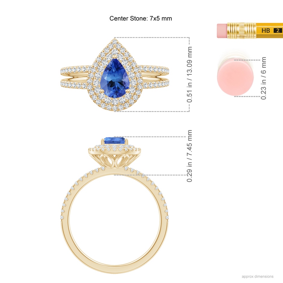 7x5mm AA Split Shank Pear Tanzanite and Diamond Double Halo Ring in Yellow Gold ruler