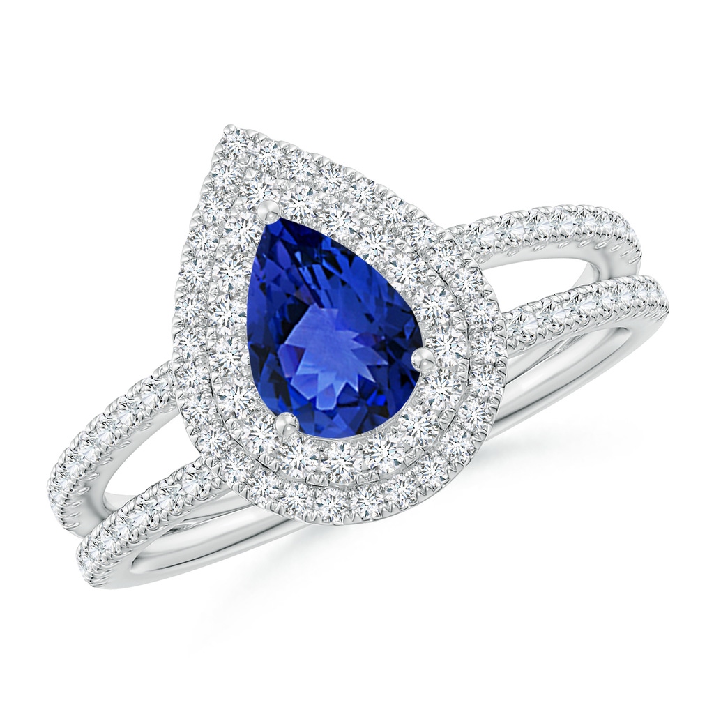 7x5mm AAA Split Shank Pear Tanzanite and Diamond Double Halo Ring in White Gold