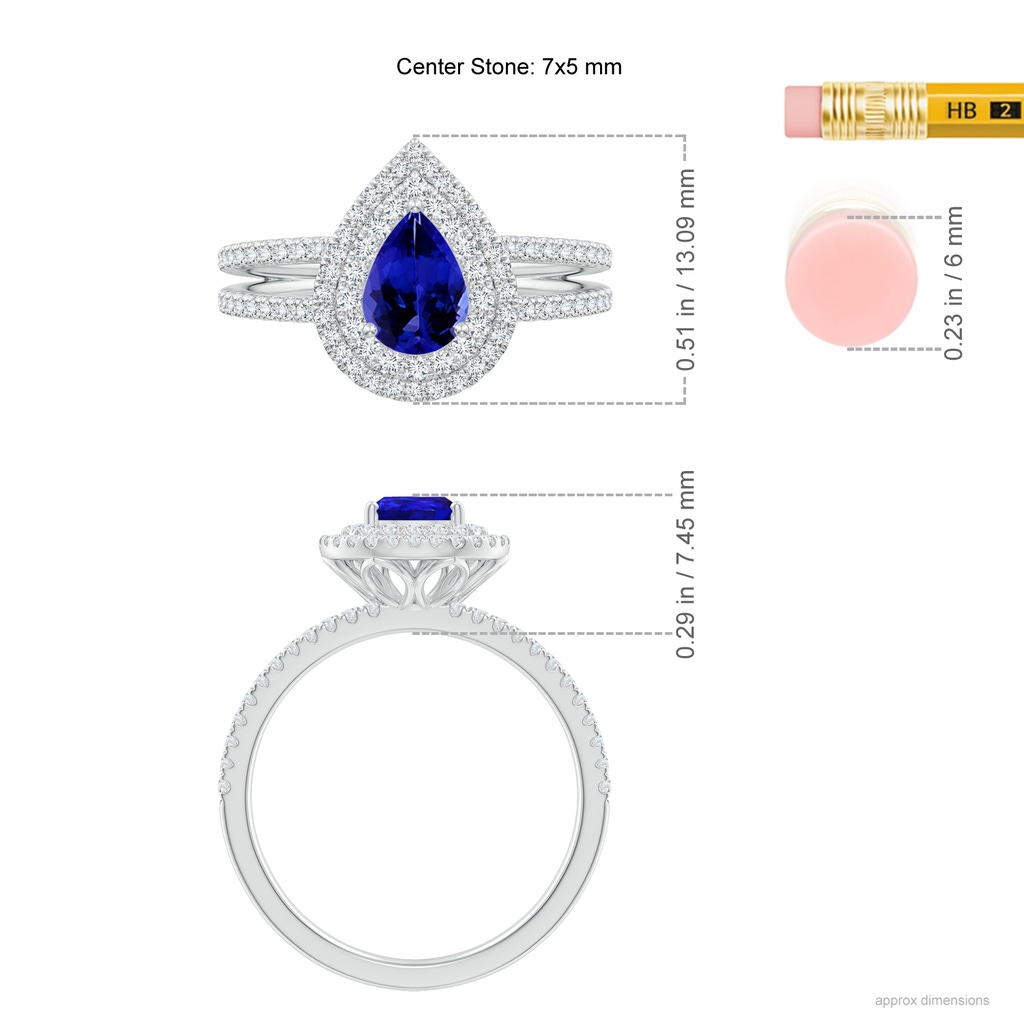 7x5mm AAAA Split Shank Pear Tanzanite and Diamond Double Halo Ring in White Gold Ruler