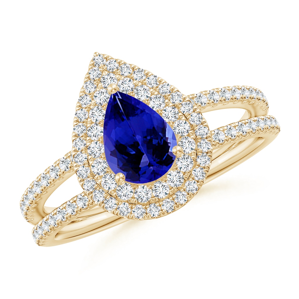 7x5mm AAAA Split Shank Pear Tanzanite and Diamond Double Halo Ring in Yellow Gold