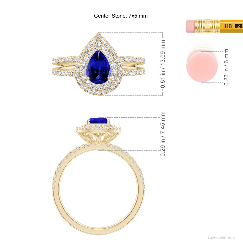 7x5mm AAAA Split Shank Pear Tanzanite and Diamond Double Halo Ring in Yellow Gold ruler