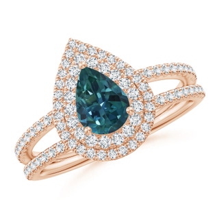 7x5mm AAA Split Shank Pear Teal Montana Sapphire & Diamond Double Halo Ring in Rose Gold