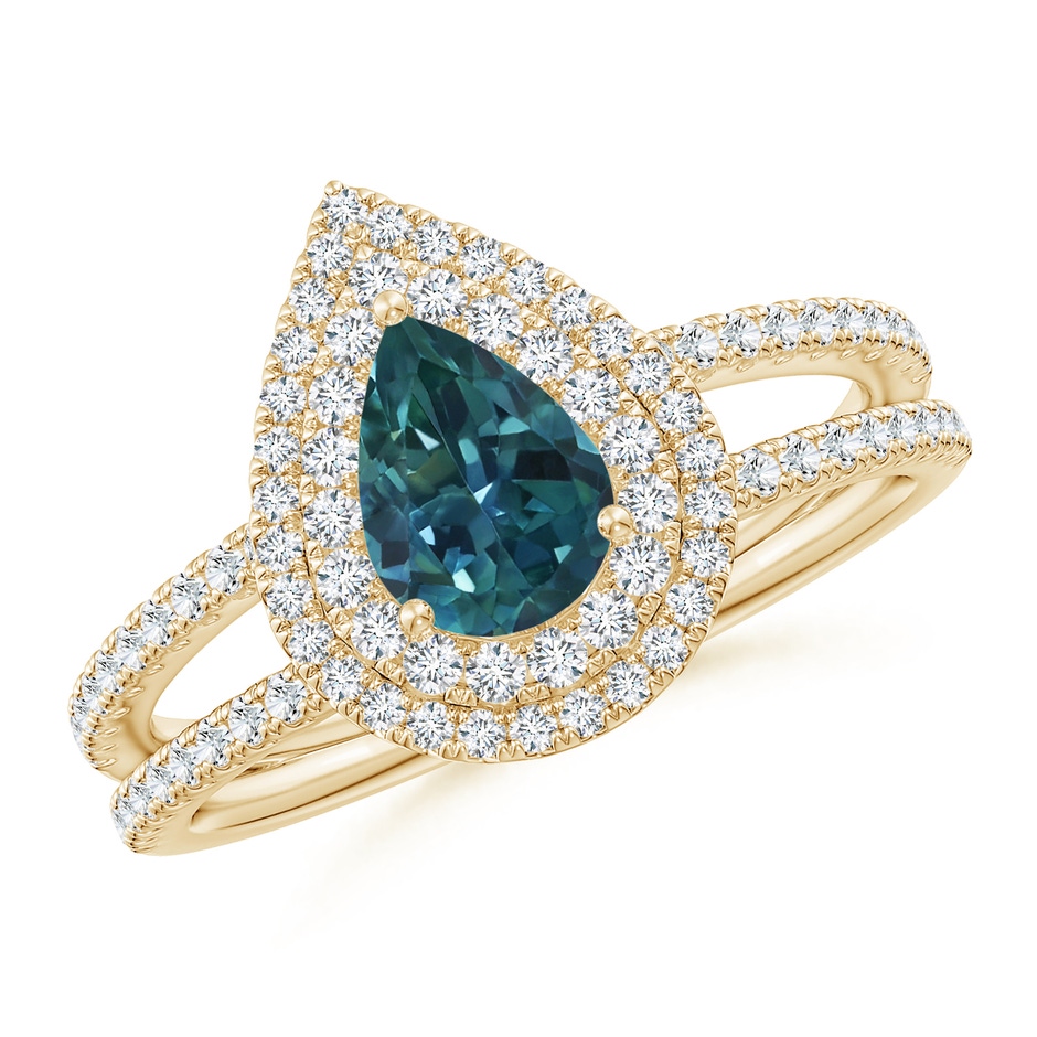 7x5mm AAA Split Shank Pear Teal Montana Sapphire & Diamond Double Halo Ring in Yellow Gold 