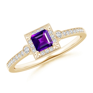4mm AAAA Milgrain-Edged Square Amethyst and Diamond Halo Ring in Yellow Gold