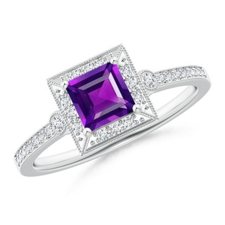 5mm AAA Milgrain-Edged Square Amethyst and Diamond Halo Ring in White Gold