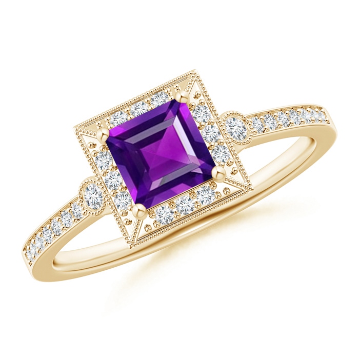 5mm AAA Milgrain-Edged Square Amethyst and Diamond Halo Ring in Yellow Gold