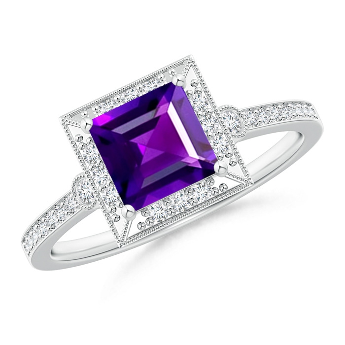 6mm AAAA Milgrain-Edged Square Amethyst and Diamond Halo Ring in White Gold