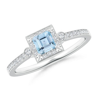 4mm AAA Milgrain-Edged Square Aquamarine and Diamond Halo Ring in 9K White Gold