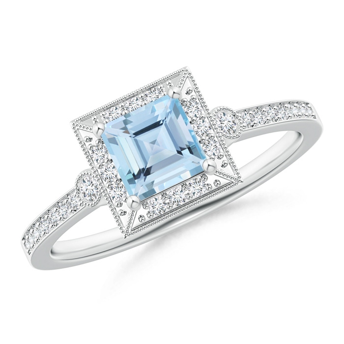 5mm AAA Milgrain-Edged Square Aquamarine and Diamond Halo Ring in White Gold