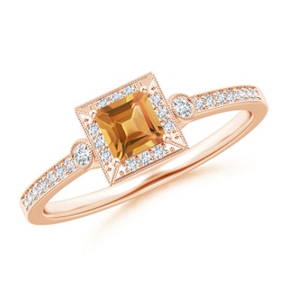 4mm A Milgrain-Edged Square Citrine and Diamond Halo Ring in 10K Rose Gold