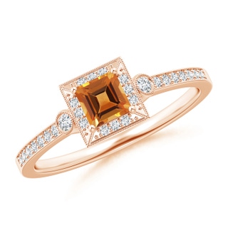 4mm AAA Milgrain-Edged Square Citrine and Diamond Halo Ring in 10K Rose Gold